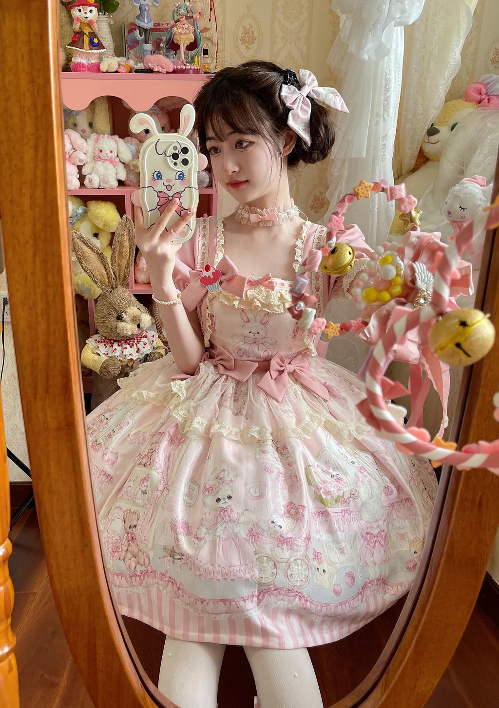 Sweet Lolita Cake Dress Pink Cream Bunny Print Ruffle Detailed Lolita Dress