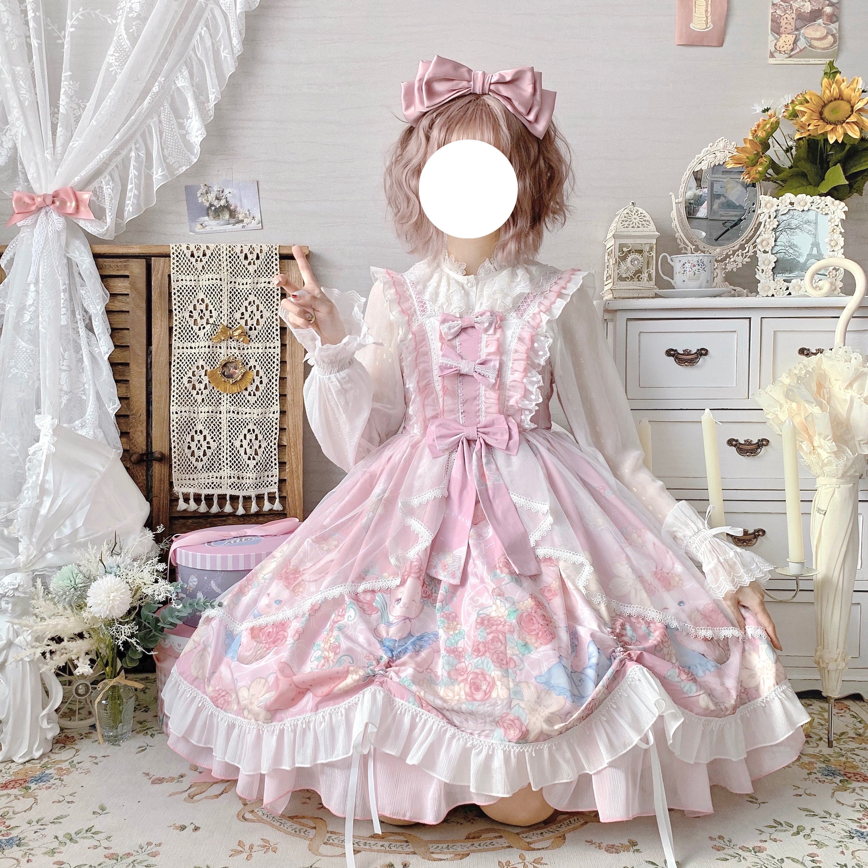 Sweet Lolita Cake Dress Pink Floral Print Bow Layered Lolita Dress