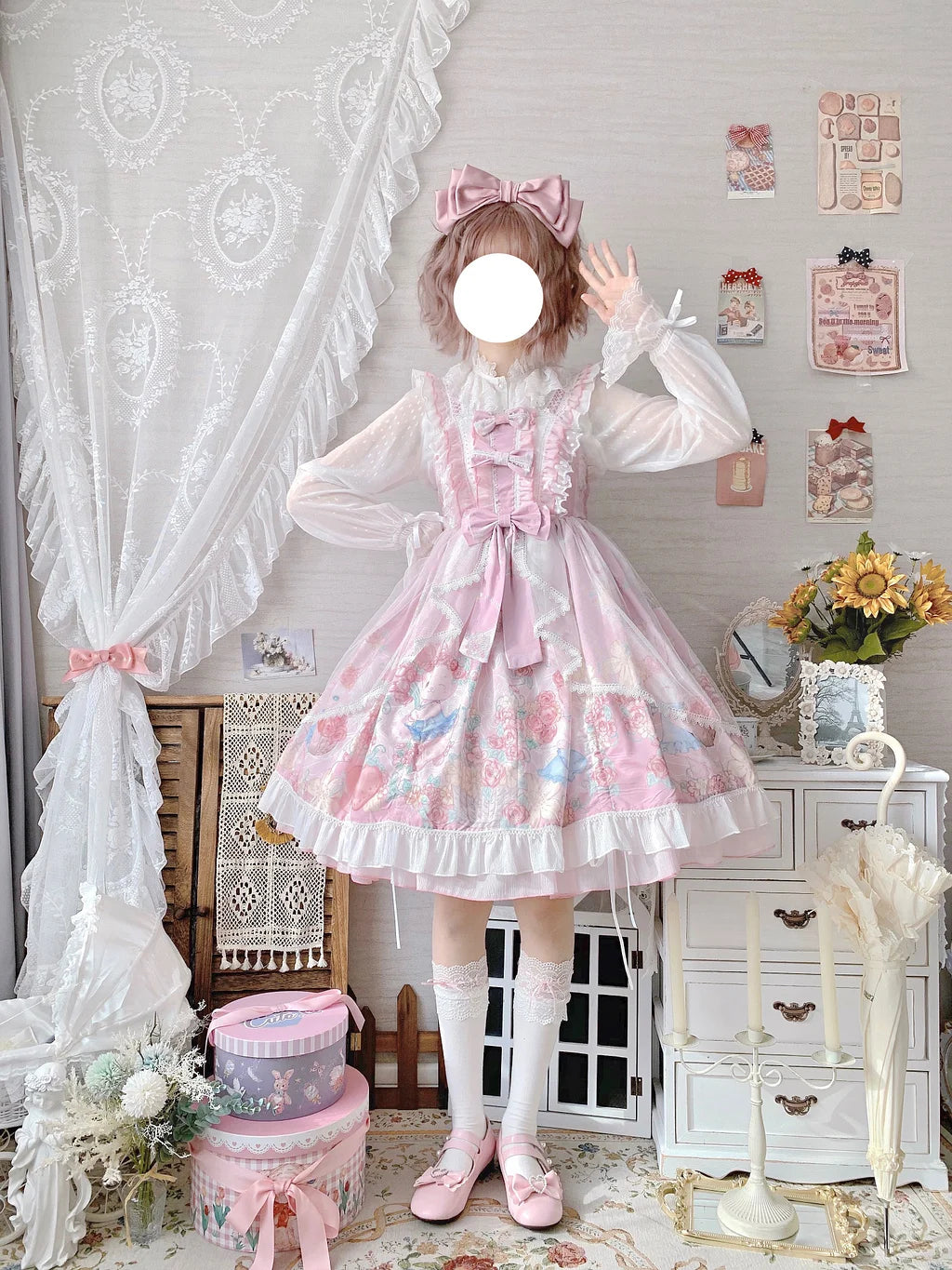 Sweet Lolita Cake Dress Pink Floral Print Bow Layered Lolita Dress