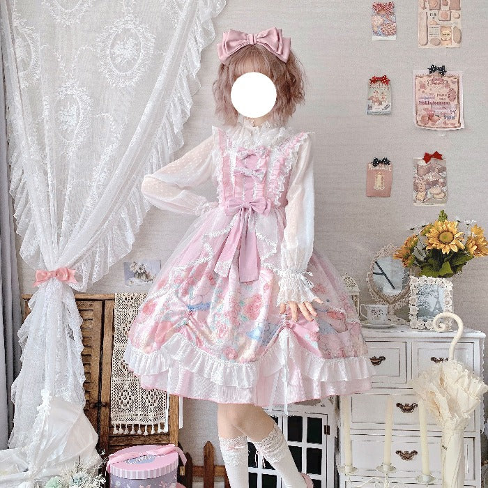 Sweet Lolita Cake Dress Pink Floral Print Bow Layered Lolita Dress