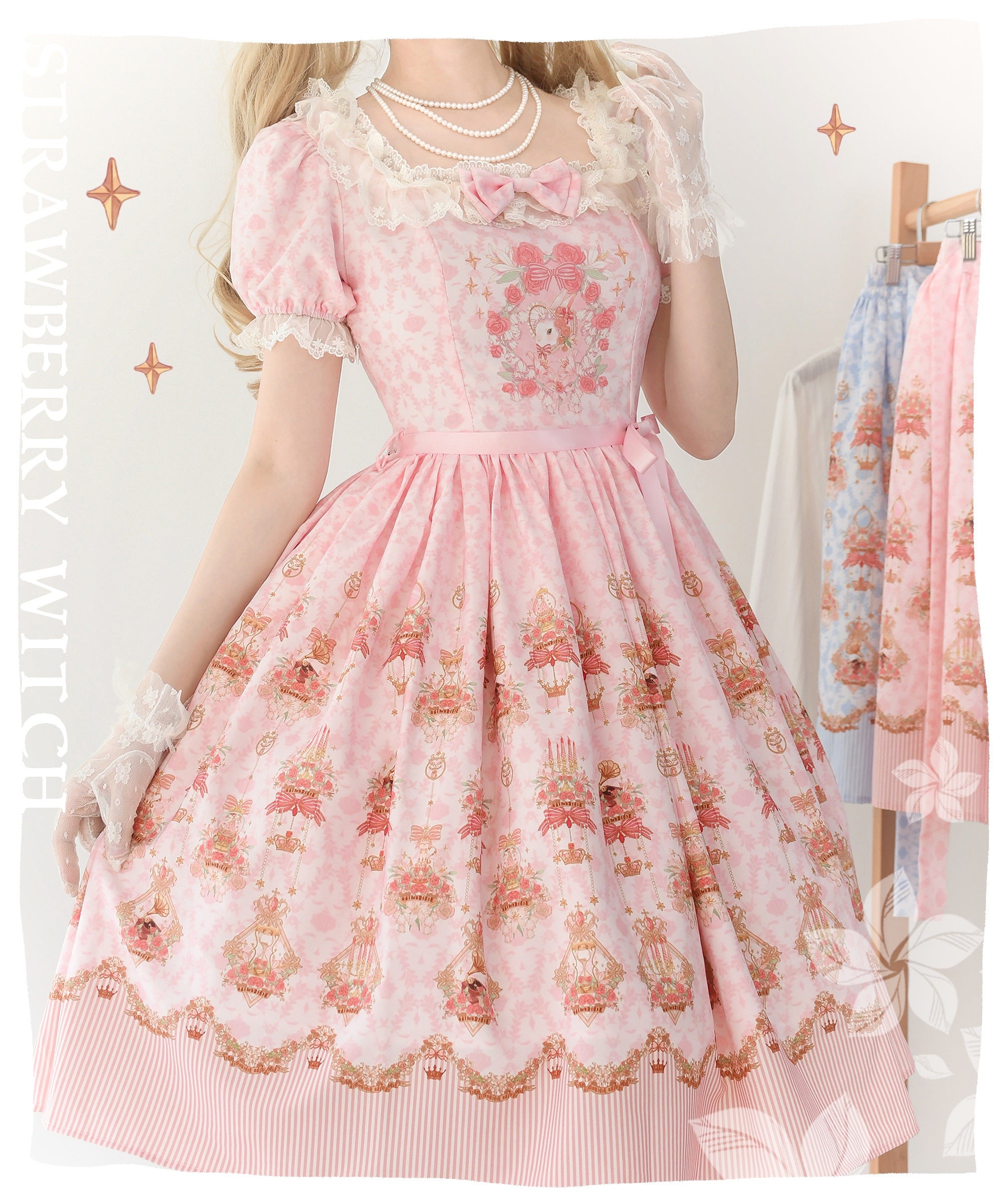 Sweet Lolita Cake Dress Pink Lace Strawberry Witch Rabbit  Trimmed Collar Print Lolita Dress