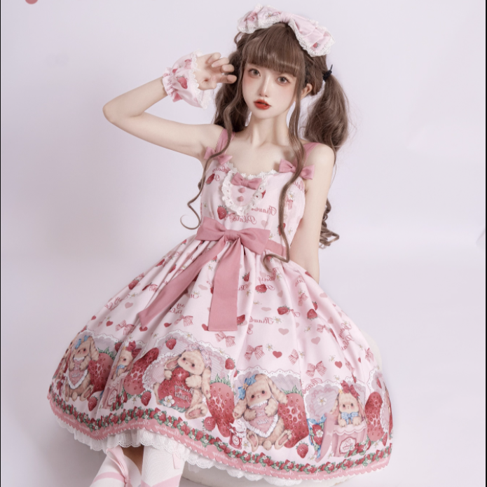 Sweet Lolita Cake Dress Pink Strawberry Teddy Print Ruffled Collar Lolita Dress