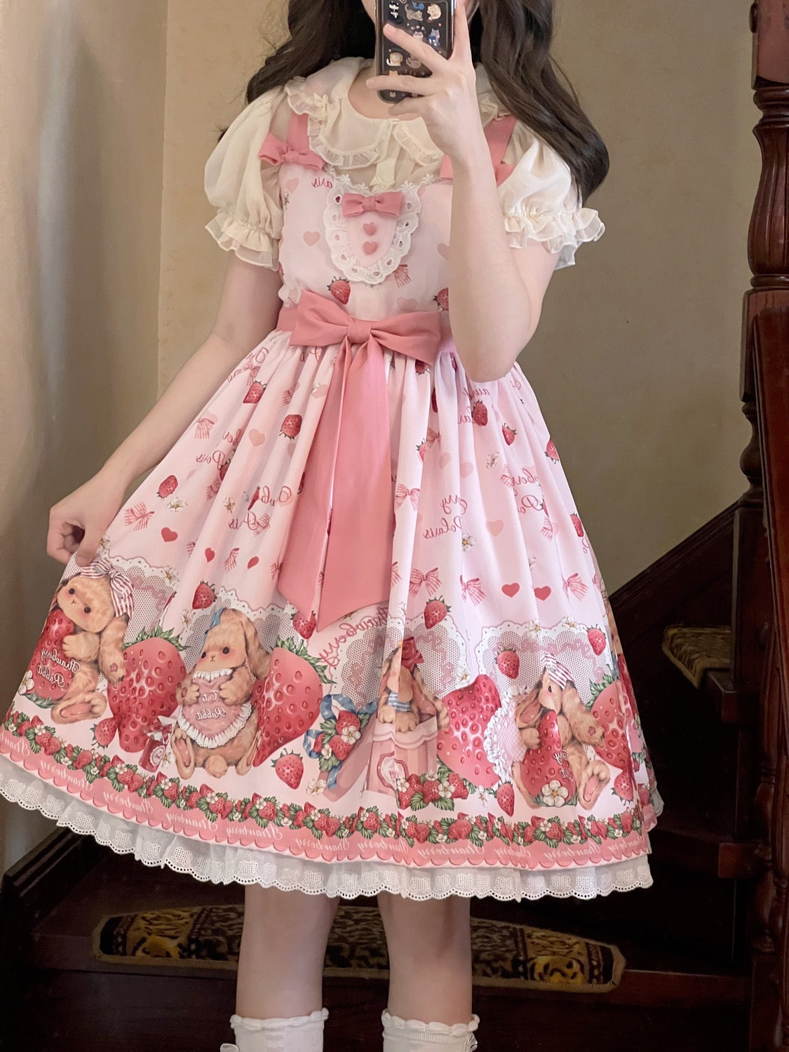 Sweet Lolita Cake Dress Pink Strawberry Teddy Print Ruffled Collar Lolita Dress