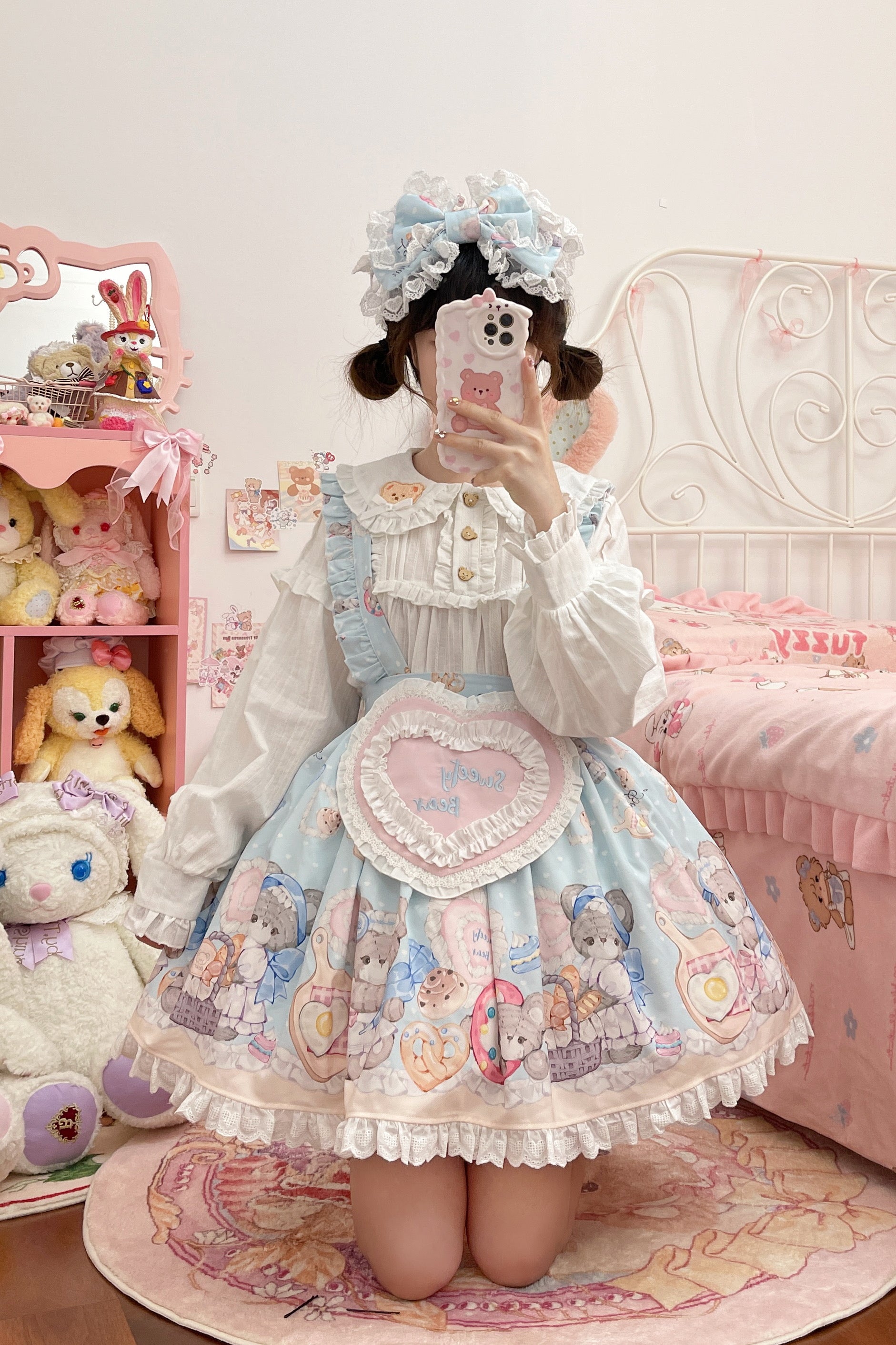 Sweet Lolita Cake Dress Soft Blue Teddy Print Bow Adorned Lolita Dress
