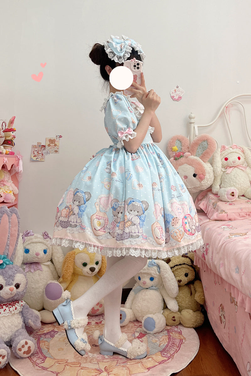 Sweet Lolita Cake Dress Soft Blue Teddy Print Bow Adorned Lolita Dress