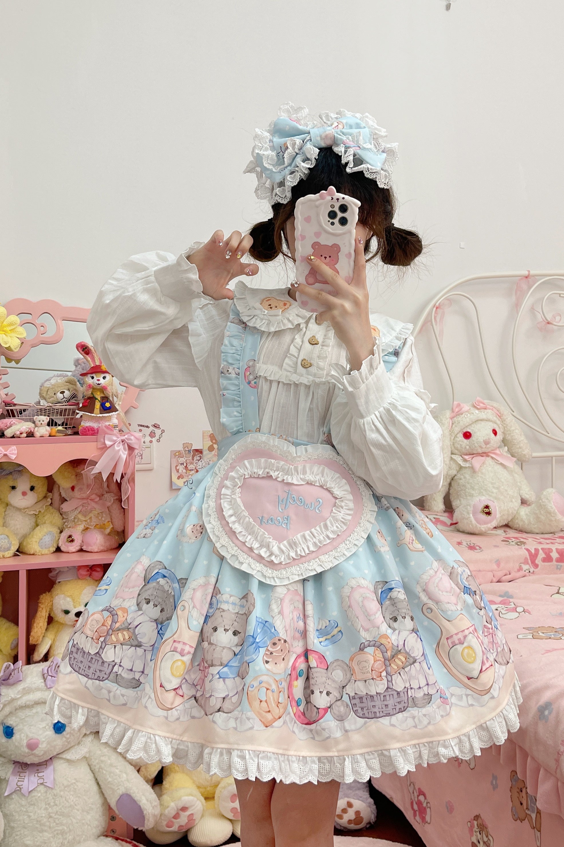 Sweet Lolita Cake Dress Soft Blue Teddy Print Bow Adorned Lolita Dress