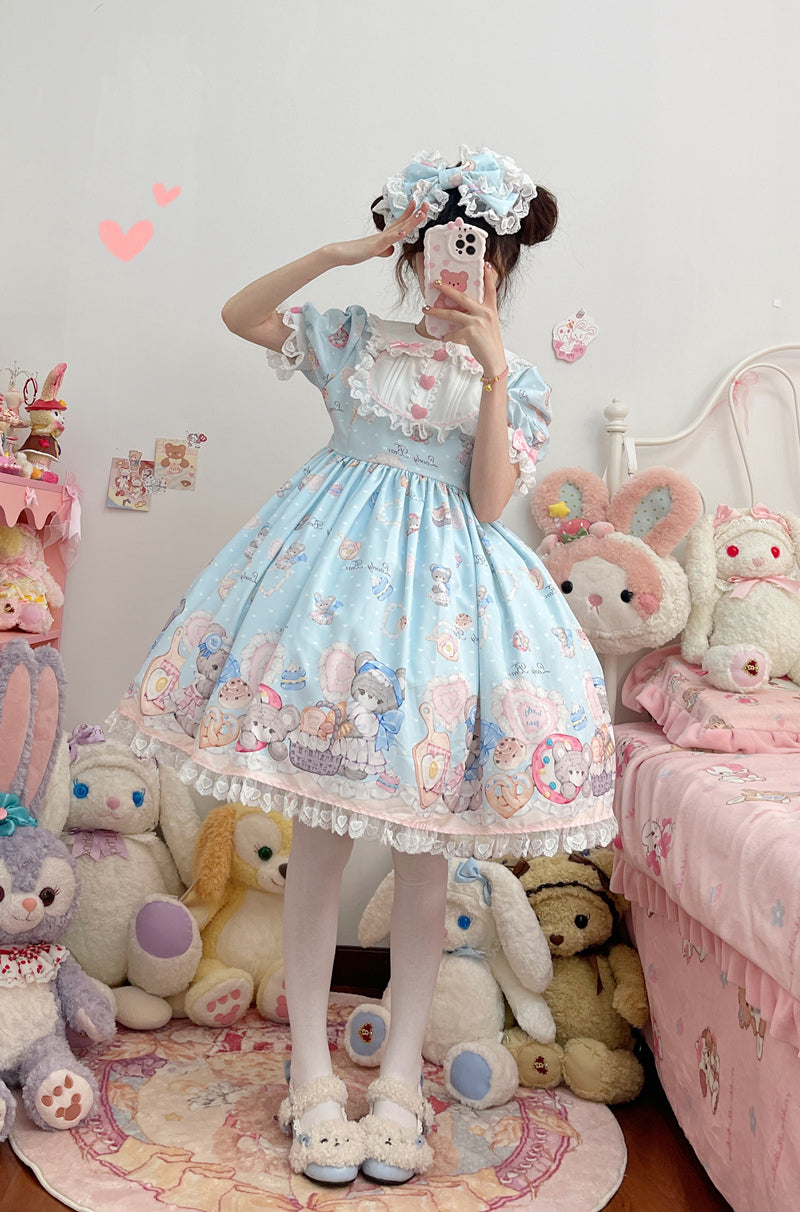 Sweet Lolita Cake Dress Soft Blue Teddy Print Bow Adorned Lolita Dress