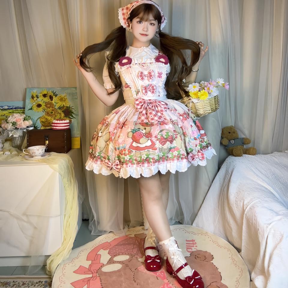 Sweet Lolita Cake Dress Tea Party Fashion Pink White Bear Strawberry Print Bow Accents Lolita Dress