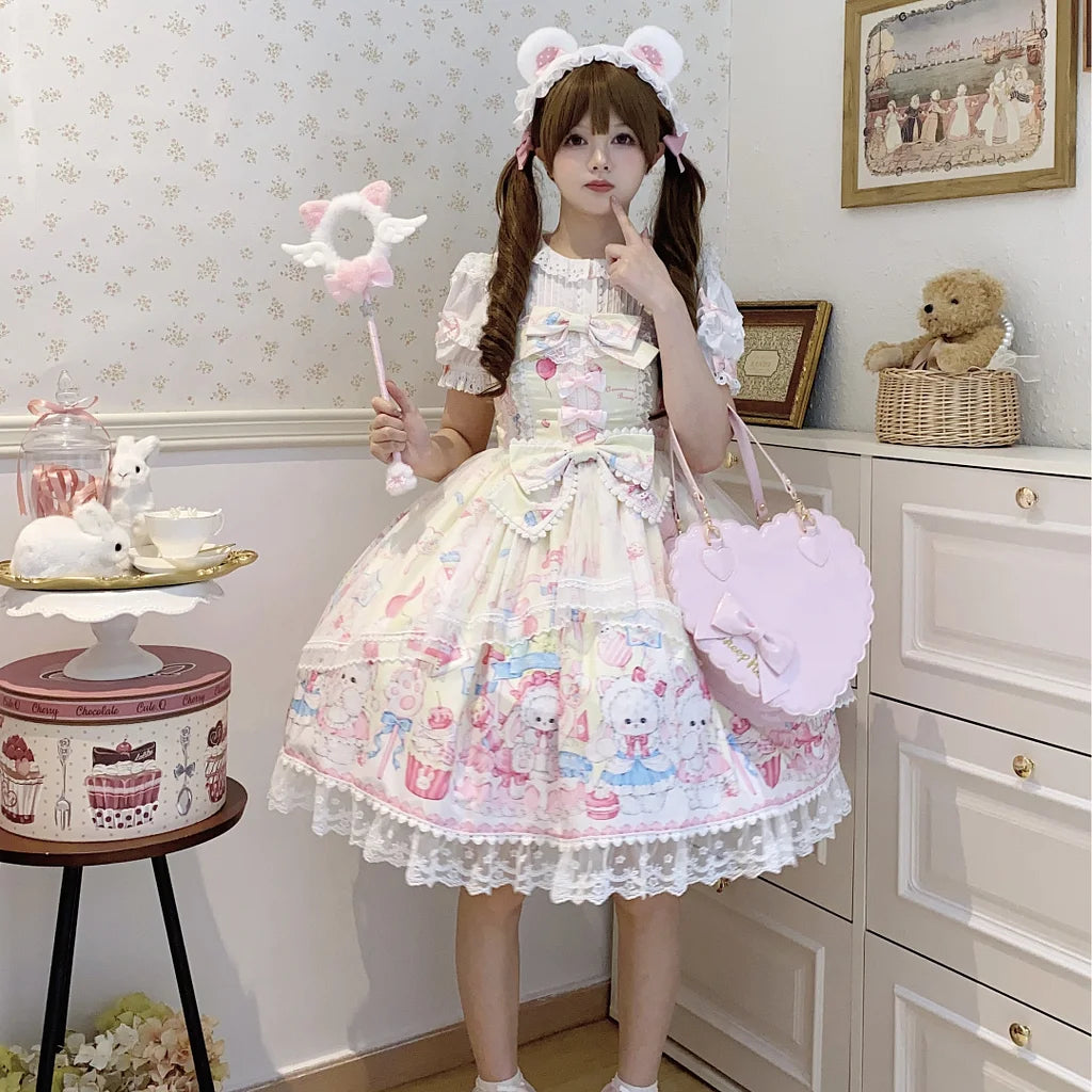 Sweet Lolita Cake Dress Yellow Cartoon Character Print Layer Ruffle Lolita Dress