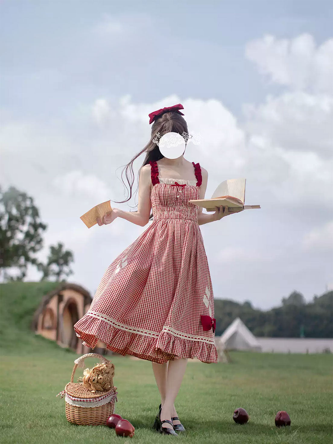 Sweet Lolita Gingham Dress Little  Vitality Red Plaid Tank Skirt Dot Yarn Bubble Sleeve Shirt