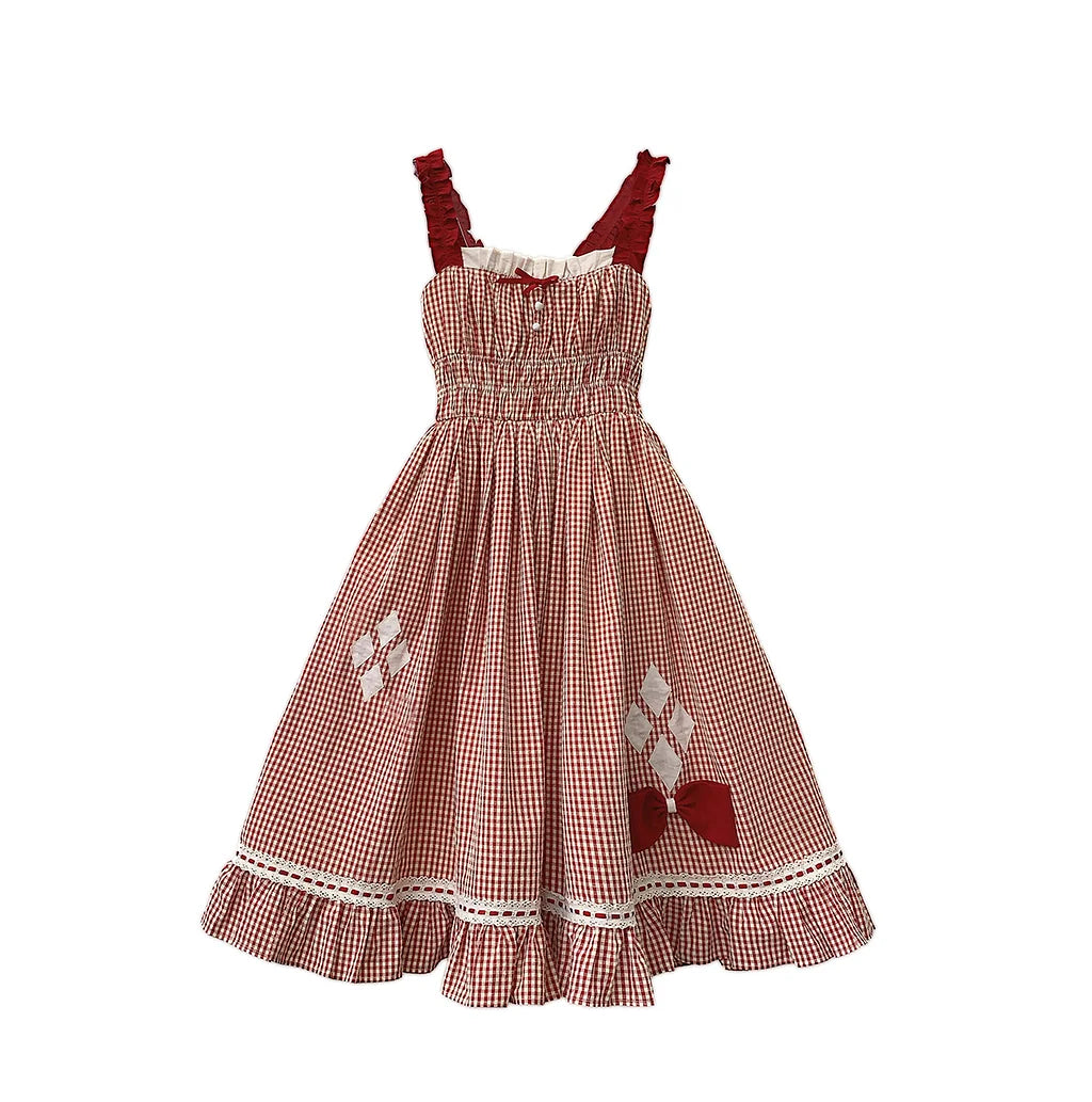 Sweet Lolita Gingham Dress Little  Vitality Red Plaid Tank Skirt Dot Yarn Bubble Sleeve Shirt