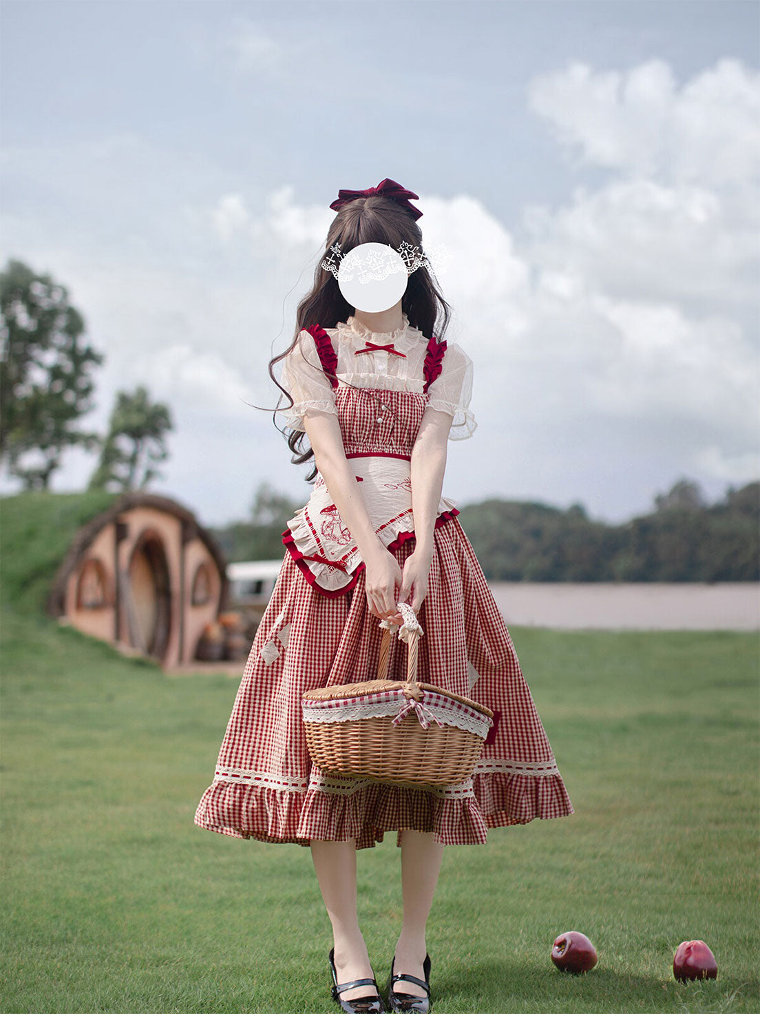 Sweet Lolita Gingham Dress Little Vitality Red Plaid Tank Skirt Dot Yarn Bubble Sleeve Shirt
