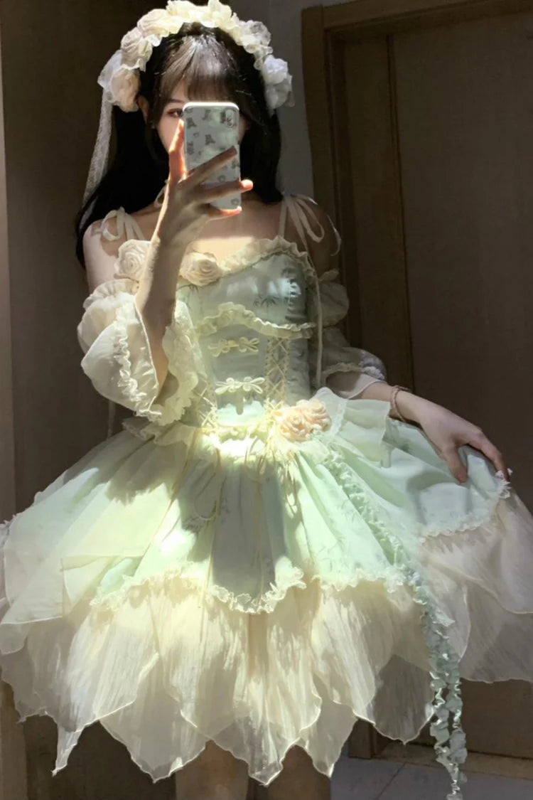 Design Concept: 
This Sweet Lolita green sleeveless jacquard JSK dress features ruffles, bowknot lace, and an irregular hem, blending sweet elegance with Chinese ballet-inspired charm. The soft green tone adds a refreshing and graceful feel, perfect for a unique Lolita style. The product includes the main dress, a detachable rose for the waist, a detachable rose for the chest, a pair of detachable wrist sleeves, and a matching floral hair accessory, forming a complete five-piece set.