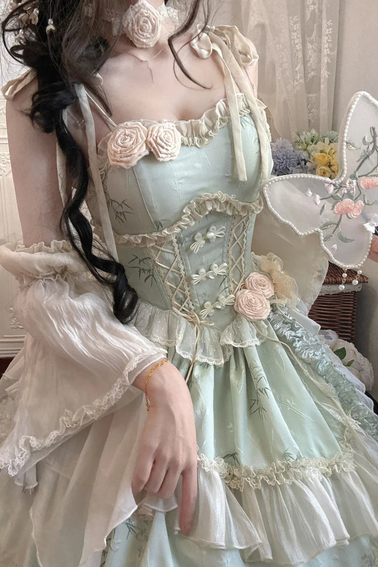Design Concept: 
This Sweet Lolita green sleeveless jacquard JSK dress features ruffles, bowknot lace, and an irregular hem, blending sweet elegance with Chinese ballet-inspired charm. The soft green tone adds a refreshing and graceful feel, perfect for a unique Lolita style. The product includes the main dress, a detachable rose for the waist, a detachable rose for the chest, a pair of detachable wrist sleeves, and a matching floral hair accessory, forming a complete five-piece set.