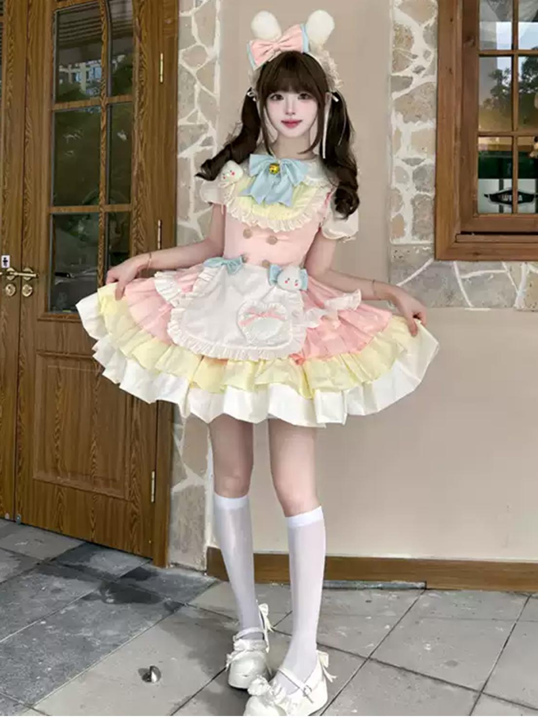 Sweet Lolita Maid outfit Color Scheme Block Rabbit Yellow Pink Patterned Dress