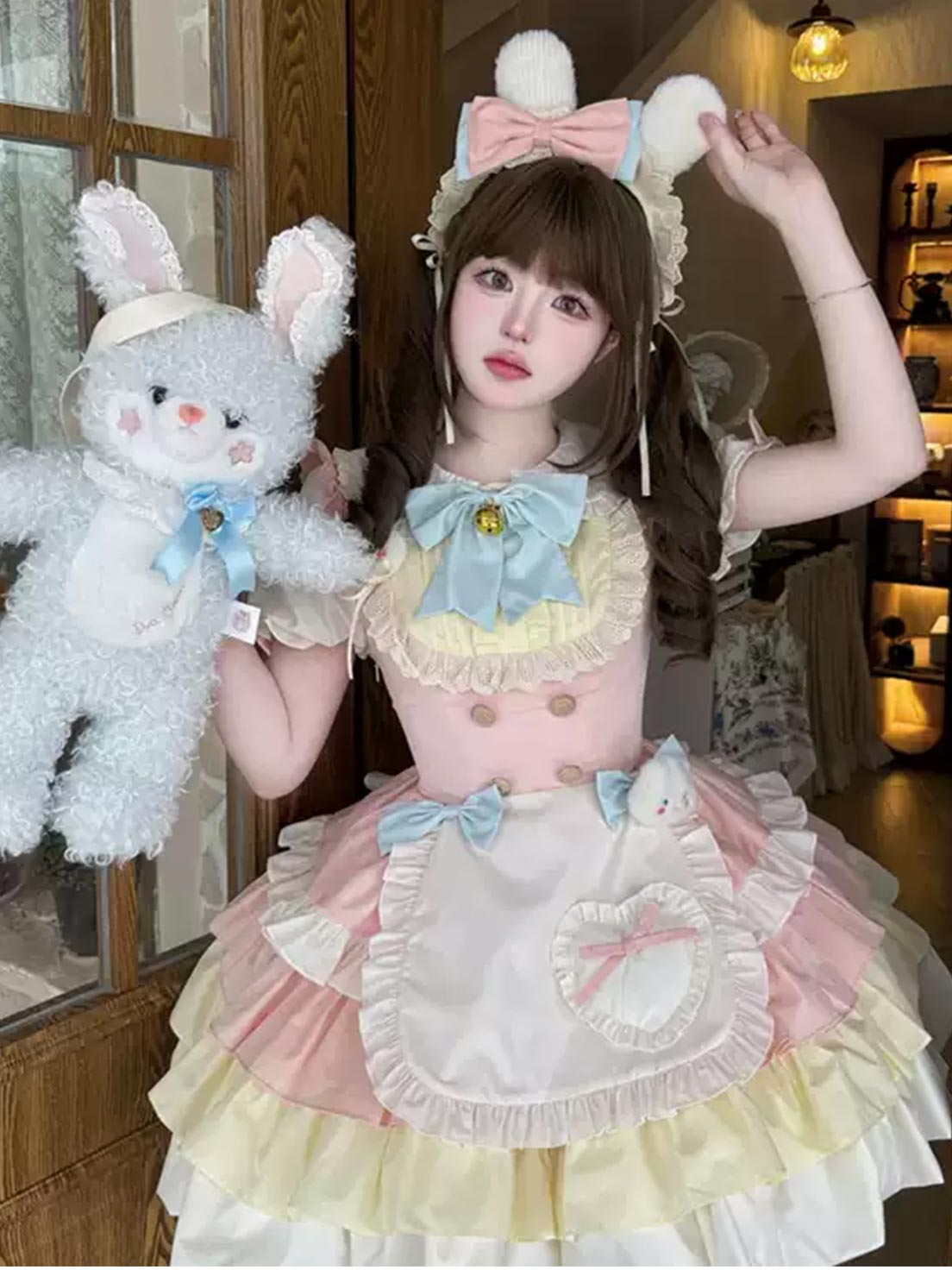 Sweet Lolita Maid outfit Color Scheme Block Rabbit Yellow Pink Patterned Dress