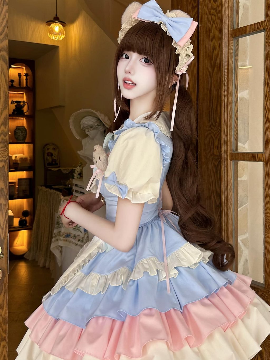 Sweet Lolita Maid outfit Color Scheme Blue Pink Block Rabbit Patterned Dress
