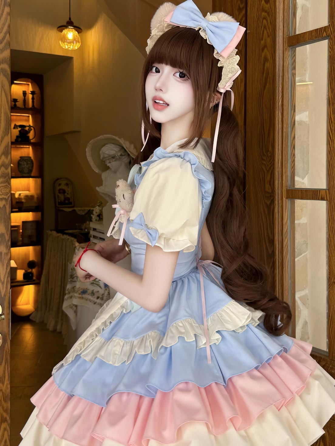 Sweet Lolita Maid outfit Color Scheme Blue Pink Block Rabbit Patterned Dress