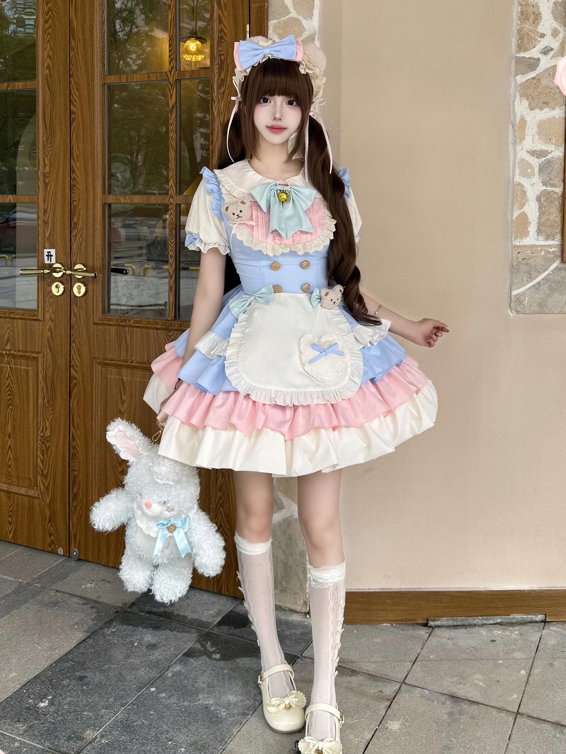 Sweet Lolita Maid outfit Color Scheme Blue Pink Block Rabbit Patterned Dress