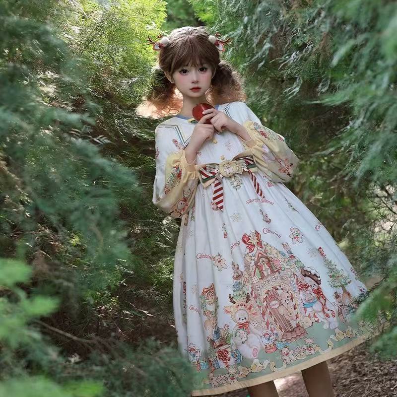 Sweet Lolita OP Dress Long Sleeve Bow Detail Christmas Holiday Party Outfit