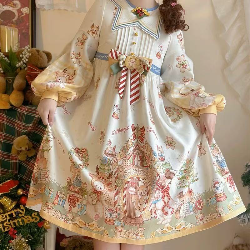 Sweet Lolita OP Dress Long Sleeve Bow Detail Christmas Holiday Party Outfit
