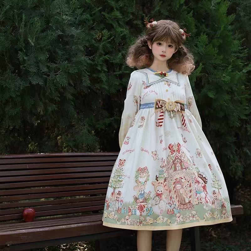 Sweet Lolita OP Dress Long Sleeve Bow Detail Christmas Holiday Party Outfit