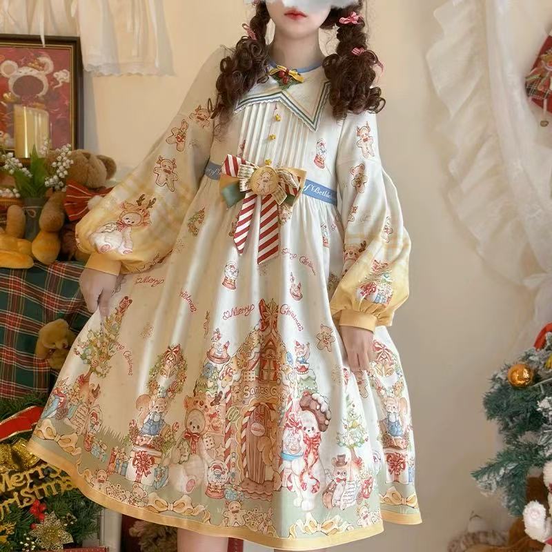 Sweet Lolita OP Dress Long Sleeve Bow Detail Christmas Holiday Party Outfit