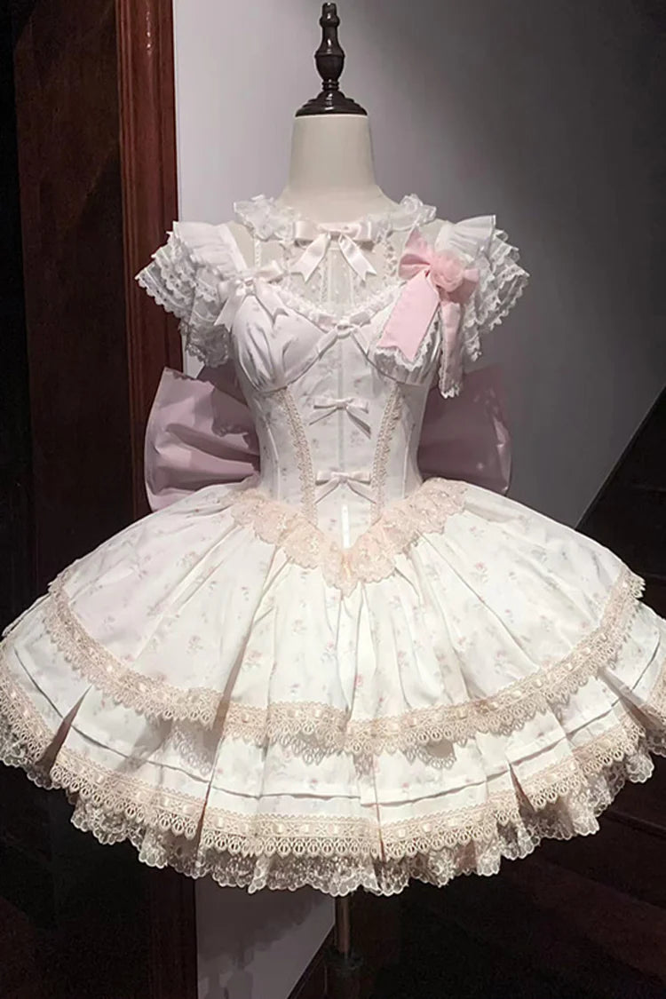 Design Concept: 
This Sweet Lolita pink layered printed JSK dress set combines playful charm with delicate elegance, featuring soft ruffles, intricate lace, and bow details for a delightful Lolita style. The pastel pink tone enhances its sweet and romantic appeal. The product includes a dress, a matching blouse, and a trailing tail, creating a complete and enchanting ensemble.