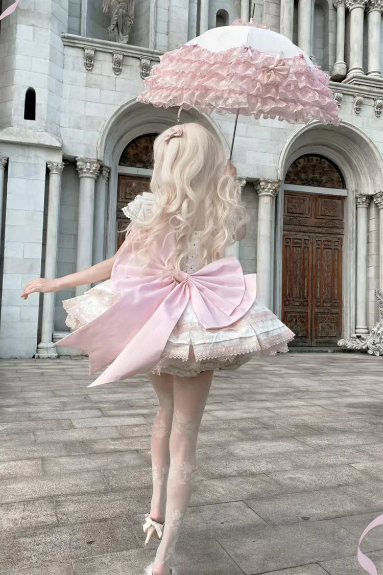 Design Concept: 
This Sweet Lolita pink layered printed JSK dress set combines playful charm with delicate elegance, featuring soft ruffles, intricate lace, and bow details for a delightful Lolita style. The pastel pink tone enhances its sweet and romantic appeal. The product includes a dress, a matching blouse, and a trailing tail, creating a complete and enchanting ensemble.