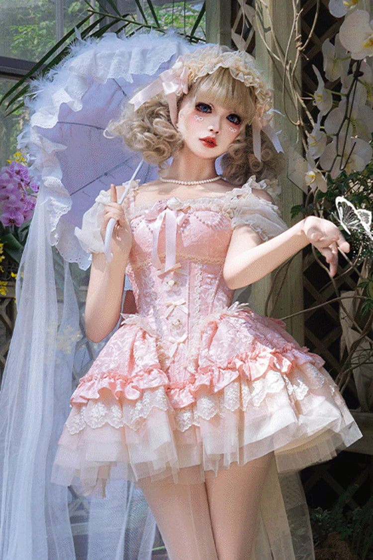 Design Concept: 
This Sweet Lolita pink sleeveless JSK dress features multi-layered ruffles, delicate lace, and charming bow details, creating a dreamy and elegant princess style. The soft pink tone adds sweetness, making it perfect for a refined Lolita look. The product includes a dress, a front chest accessory, and a back bow with a trailing tail, offering a coordinated and enchanting outfit.
