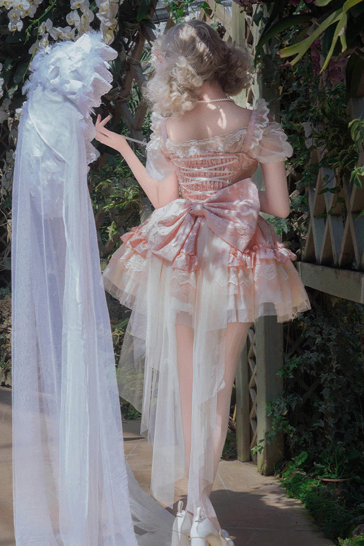 Design Concept: 
This Sweet Lolita pink sleeveless JSK dress features multi-layered ruffles, delicate lace, and charming bow details, creating a dreamy and elegant princess style. The soft pink tone adds sweetness, making it perfect for a refined Lolita look. The product includes a dress, a front chest accessory, and a back bow with a trailing tail, offering a coordinated and enchanting outfit.