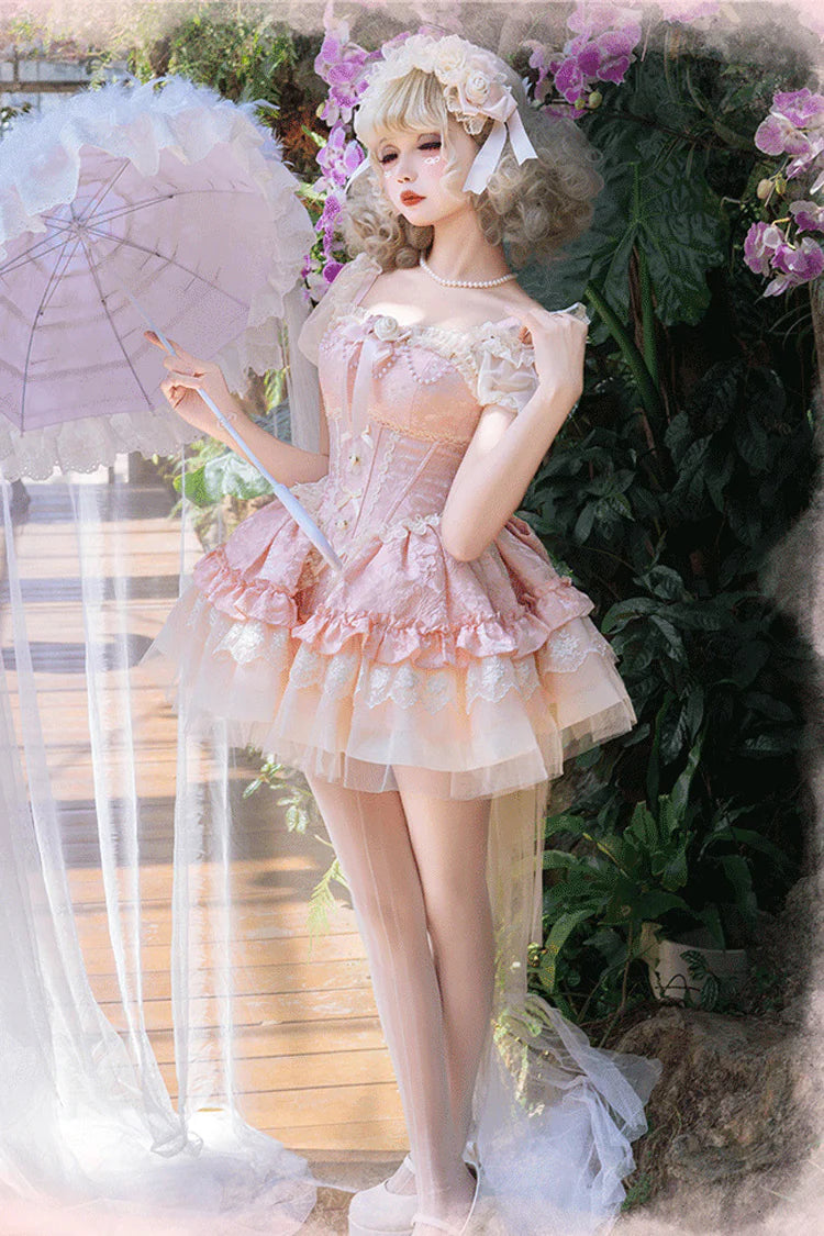 Design Concept: 
This Sweet Lolita pink sleeveless JSK dress features multi-layered ruffles, delicate lace, and charming bow details, creating a dreamy and elegant princess style. The soft pink tone adds sweetness, making it perfect for a refined Lolita look. The product includes a dress, a front chest accessory, and a back bow with a trailing tail, offering a coordinated and enchanting outfit.