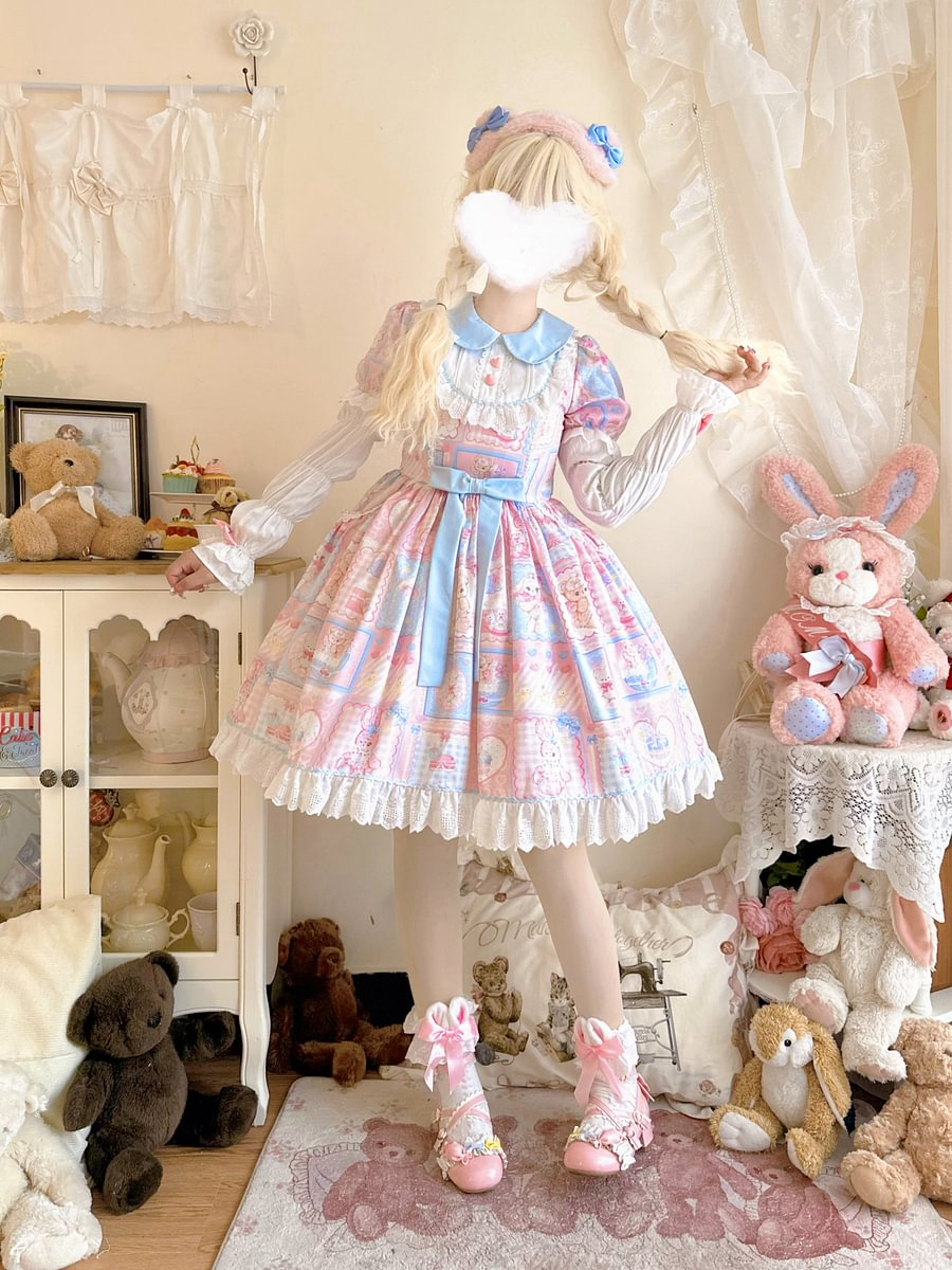 Sweet Lolita Pink Sweetheart Rabbit Bear Cute Long Sleeve Op Dress Autumn Winter JSK