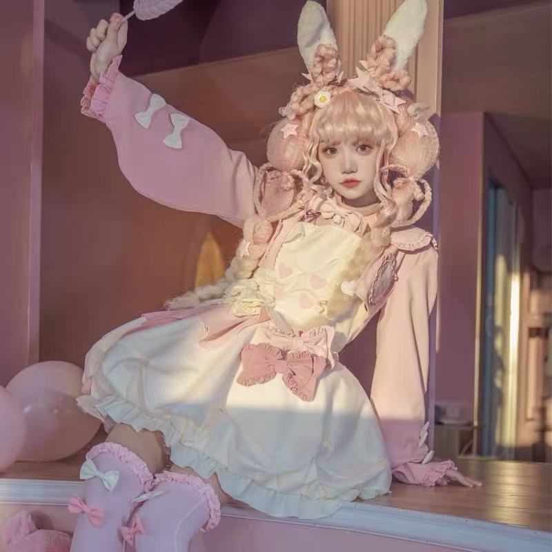 Sweet Lolita Pink White OP Dress Cute Bow Waist Daily Outfit