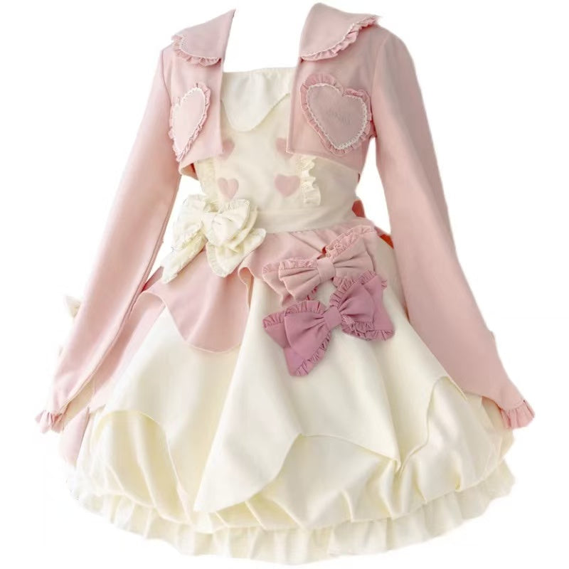 Sweet Lolita Pink White OP Dress Cute Bow Waist Daily Outfit