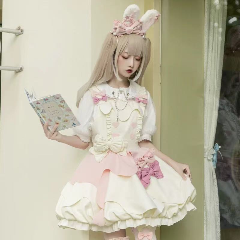 Sweet Lolita Pink White OP Dress Cute Bow Waist Daily Outfit