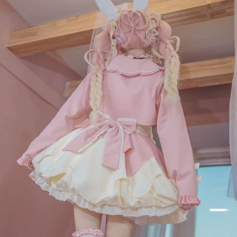 Sweet Lolita Pink White OP Dress Cute Bow Waist Daily Outfit