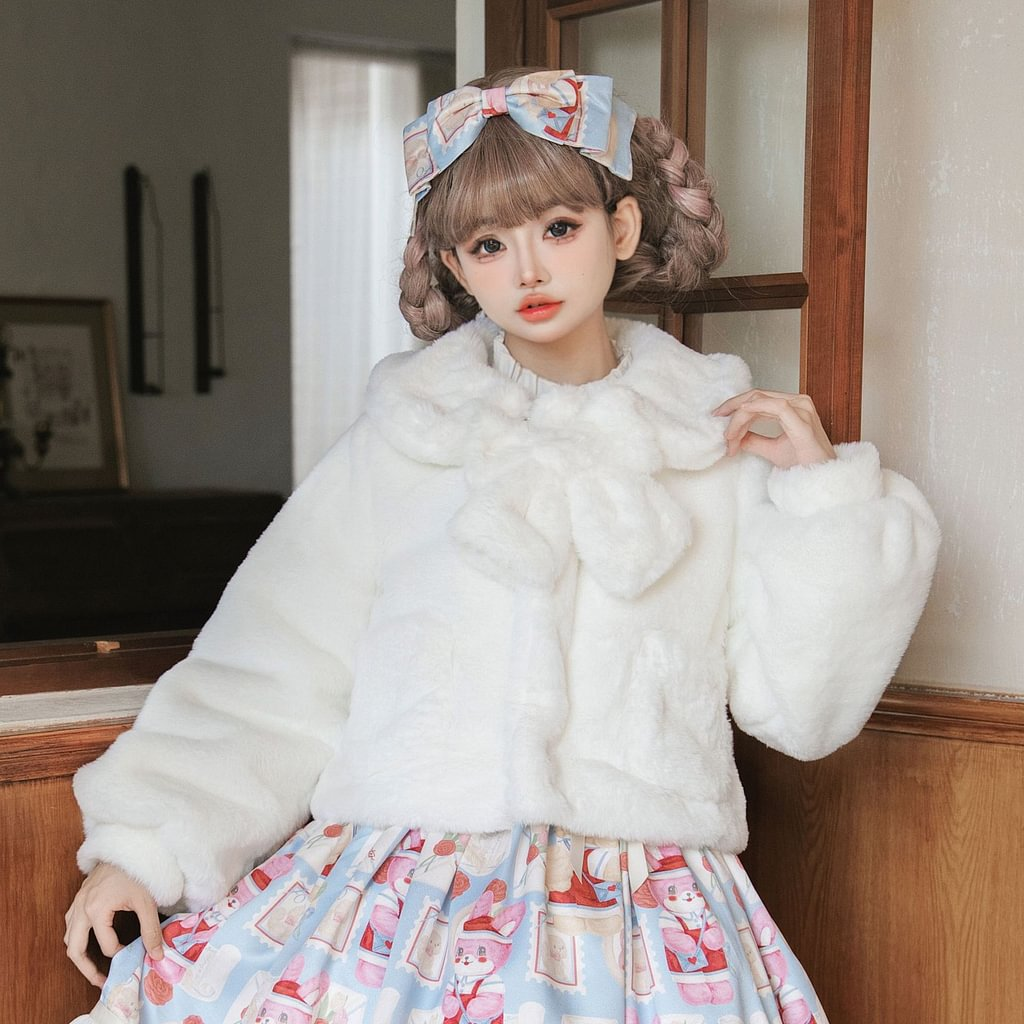 Lolita Coats Sweet White Plush Coat Imitation Rabbit Hair Short Cute Winter Coat
