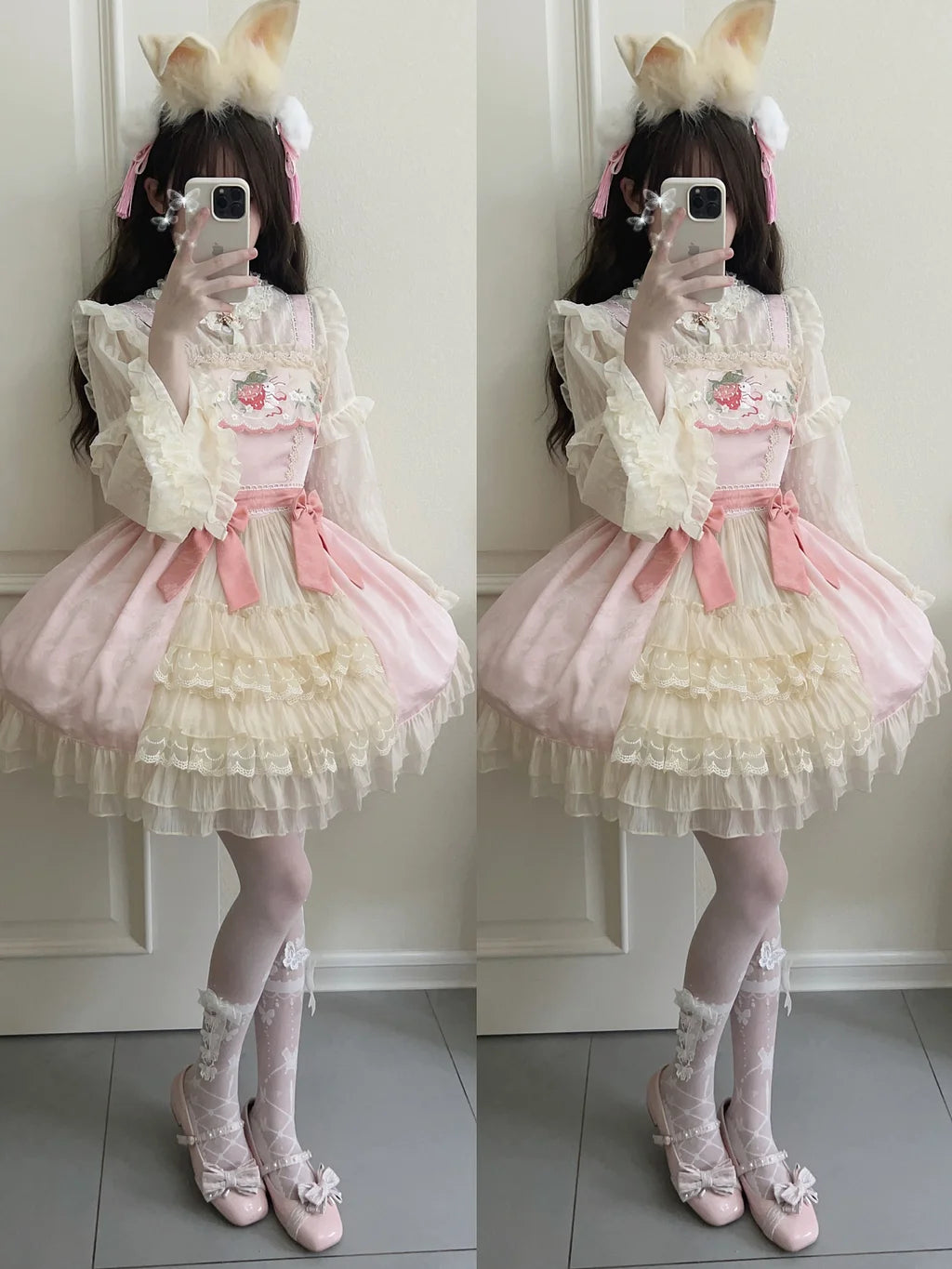 Qi Lolita Sweet Cake Pink Cream Strawberry Bunny Lolita Dress