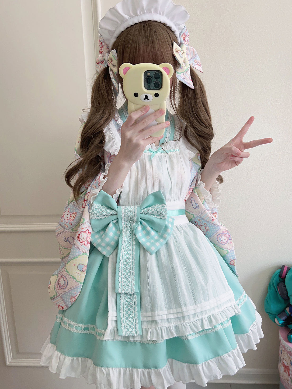 Sweet Lolita Maid Outfit Green Motif Embellished Apron Dress