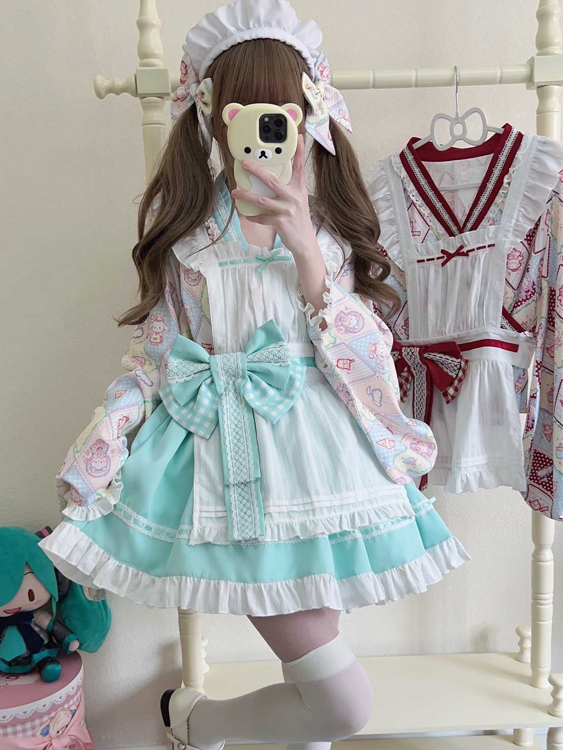 Sweet Lolita Maid Outfit Green Motif Embellished Apron Dress