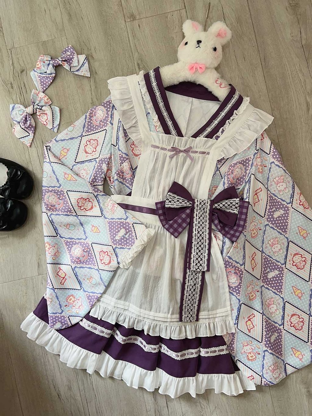 Sweet Lolita Maid Purple Outfit Motif Embellished Apron Dress