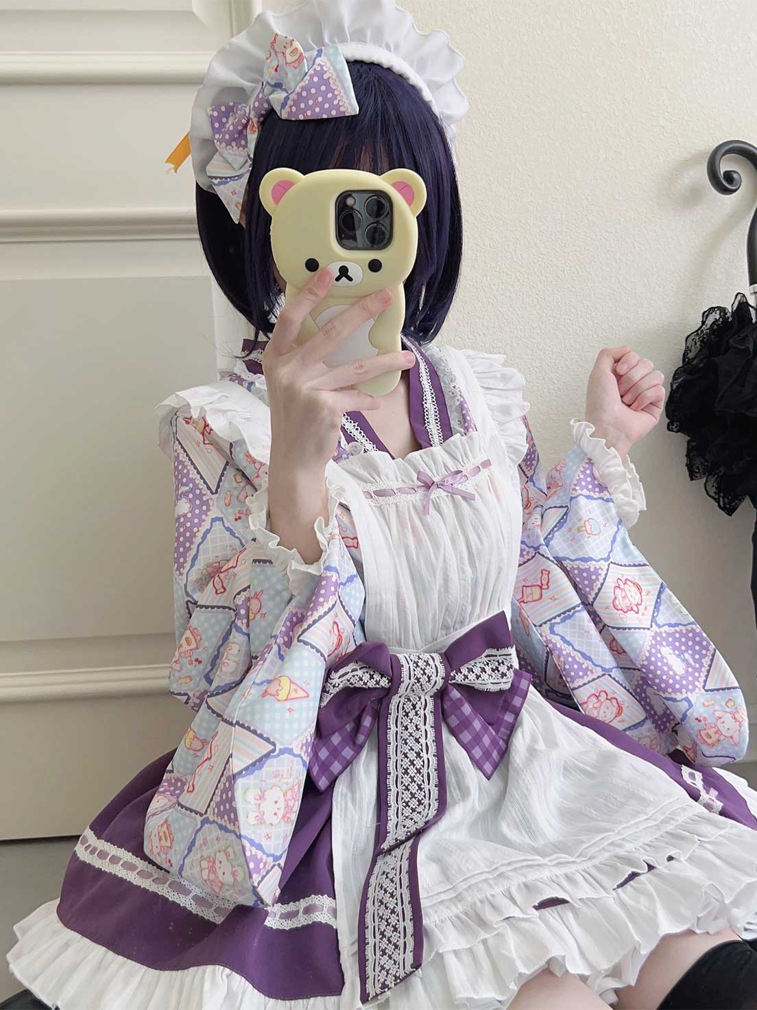 Sweet Lolita Maid Purple Outfit Motif Embellished Apron Dress