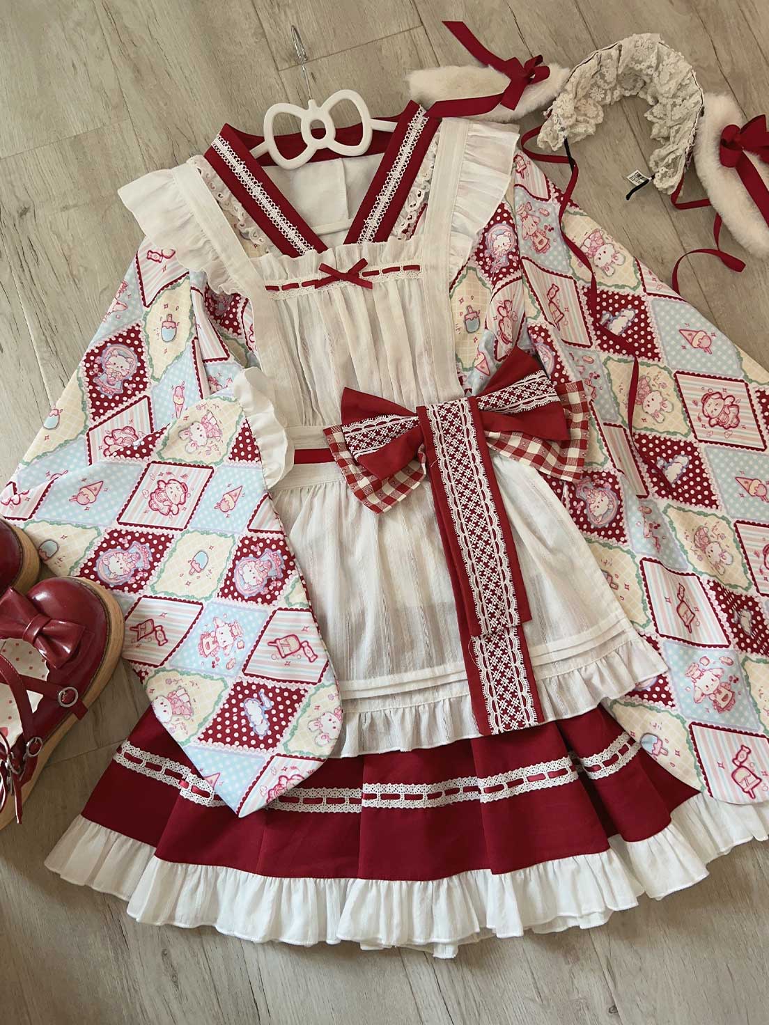 Sweet Lolita Maid Red Outfit Motif Embellished Apron Dress
