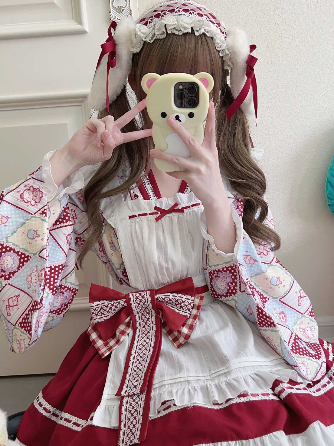 Sweet Lolita Maid Red Outfit Motif Embellished Apron Dress