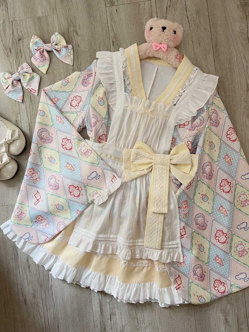 Sweet Lolita Maid Yellow Outfit Motif Embellished Apron Dress