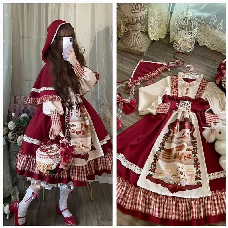 Sweet Lolita Red OP Dress Furry Trim Christmas New Year Winter Outfit