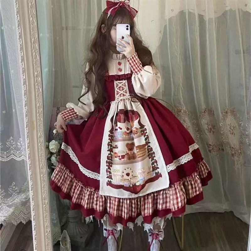 Sweet Lolita Red OP Dress Furry Trim Christmas New Year Winter Outfit