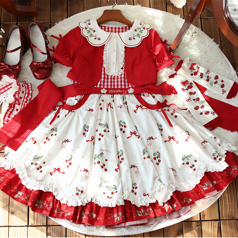 Sweet Lolita Red White Idyllic Strawberry Print Dress One Piece Dress Shortsleeve