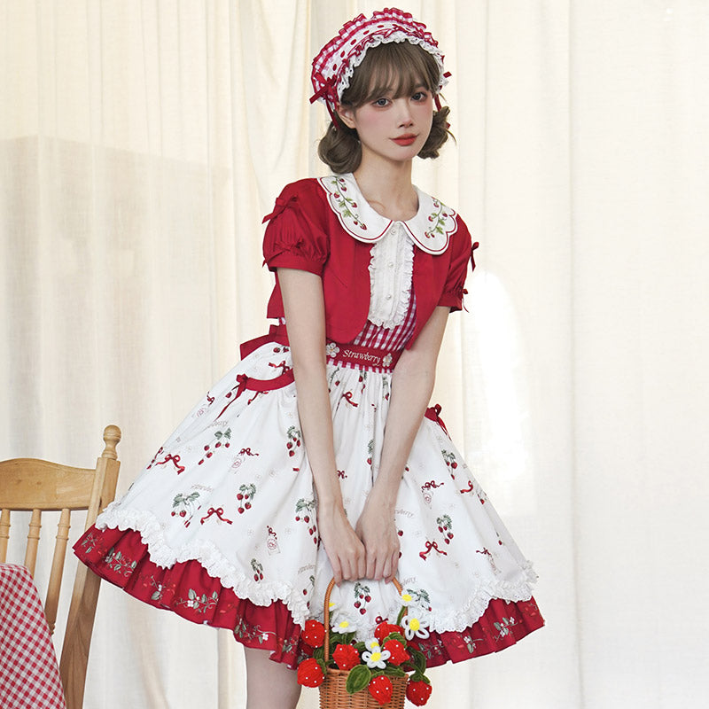 Sweet Lolita Red White Idyllic Strawberry Print Dress One Piece Dress Shortsleeve